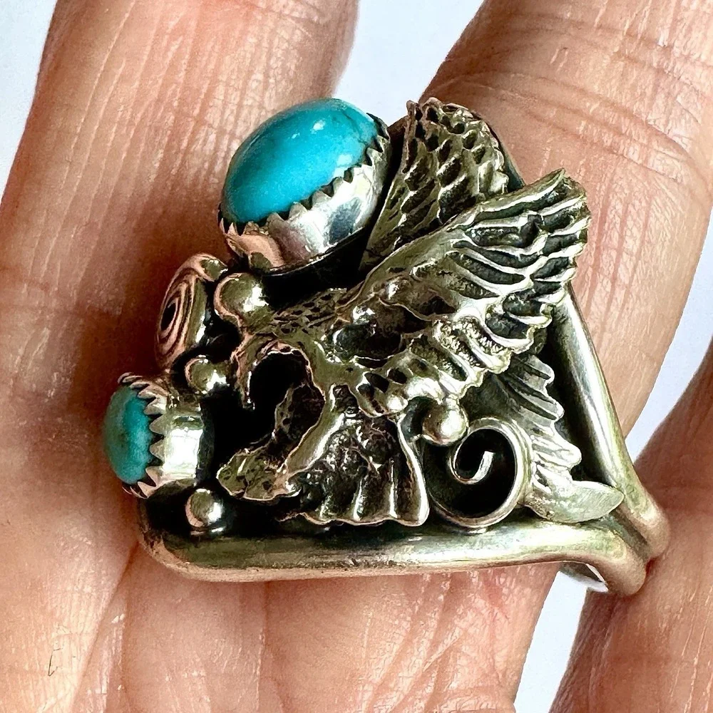 Navajo Eagle Mens Ring Turquoise Sz 14 Signed DM Sterling Native American USA